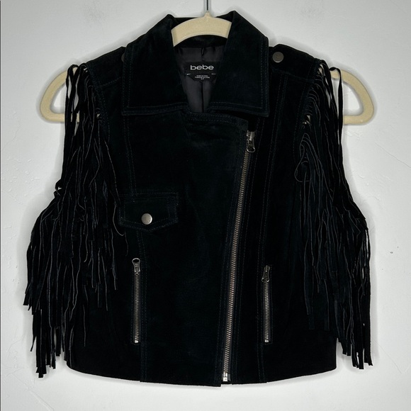 Bebe Black Suede Fringe Moto Western Vest Size Small Asymmetric Zip Bike Week - Picture 1 of 13